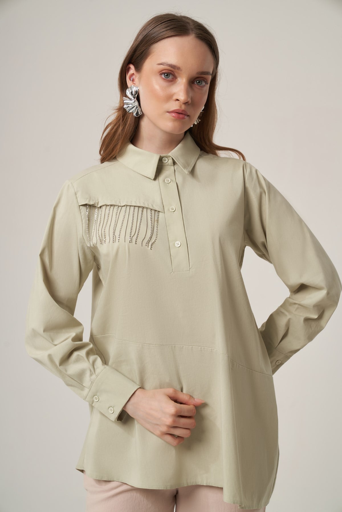 FTZ Women Kadın Zincir Detay Gömlek  Mint 31433