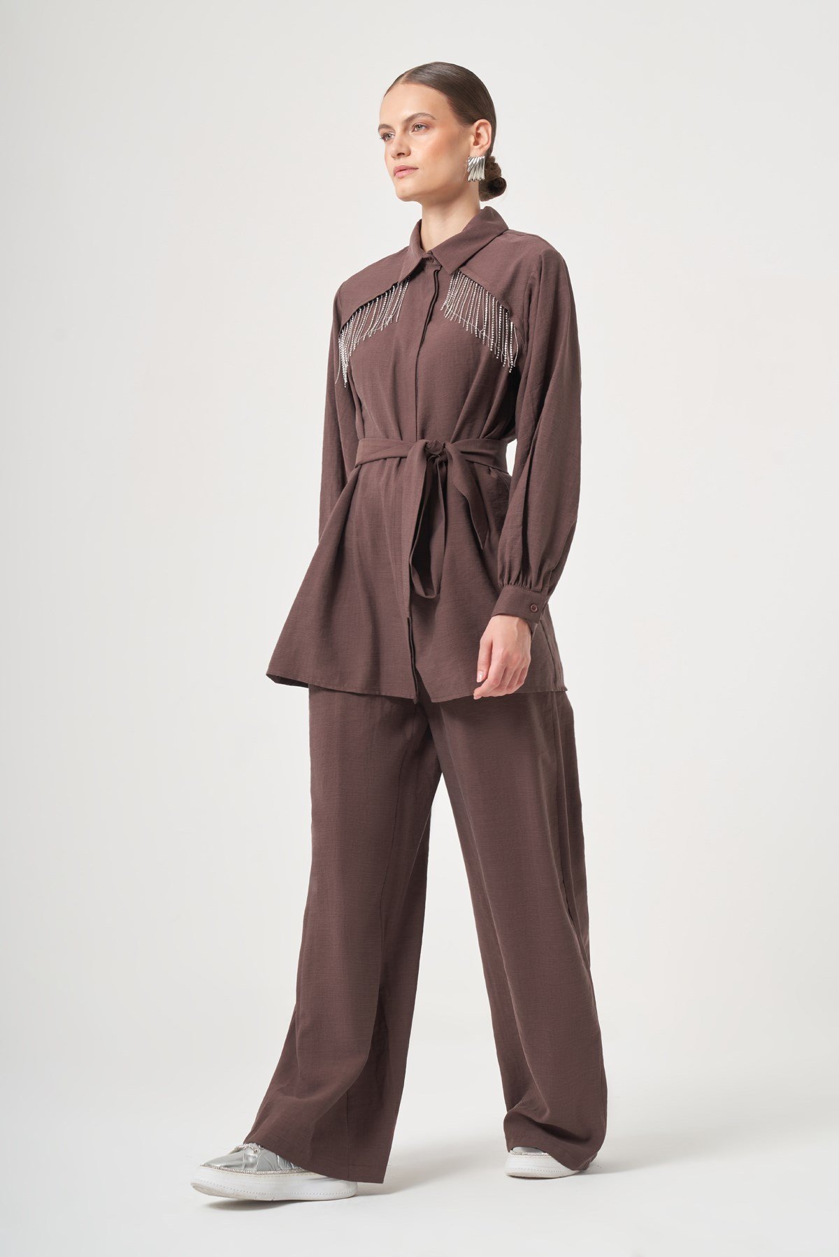 FTZ Women Kadın Zincir Detay Pantolonlu Takım  Kahve 31451