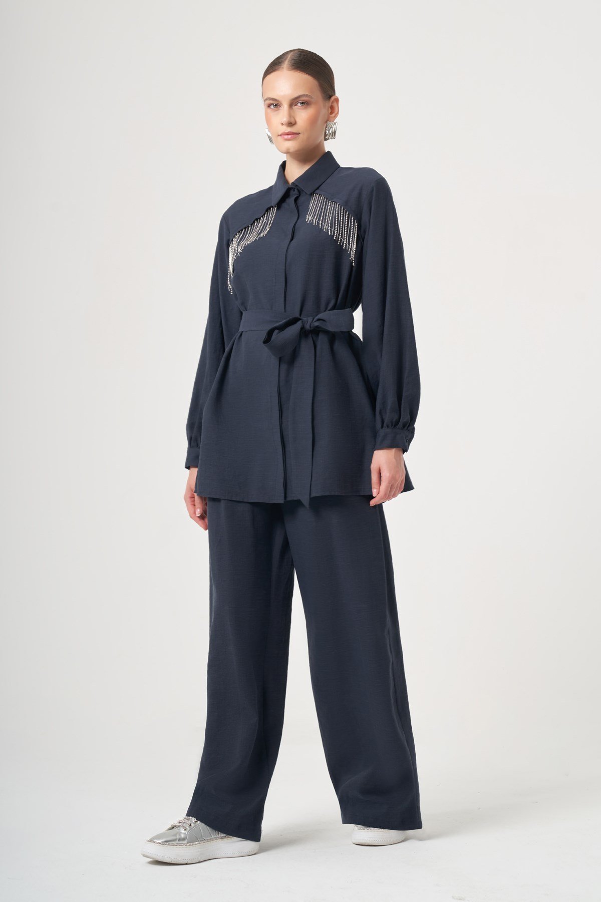 FTZ Women Kadın Zincir Detay Pantolonlu Takım  Lacivert 31451
