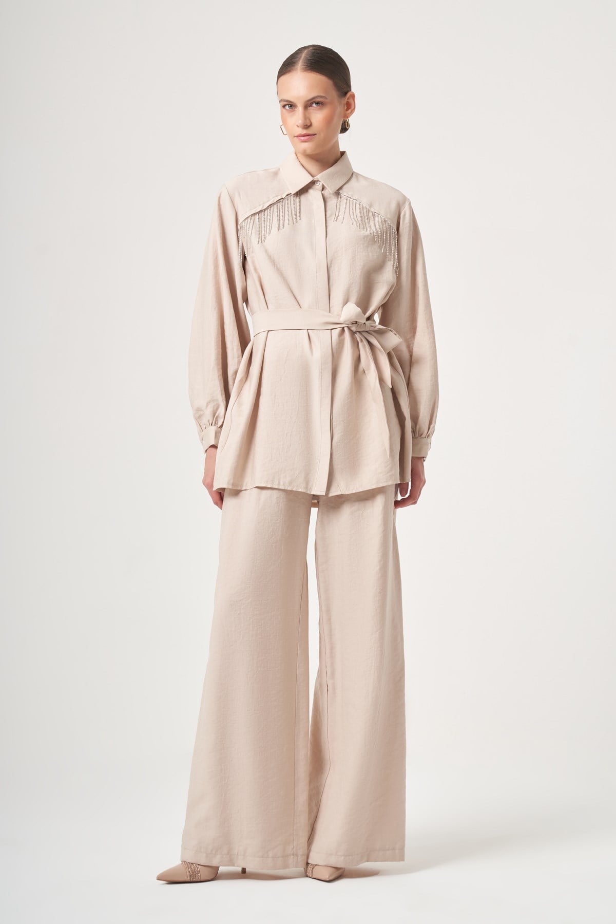 FTZ Women Kadın Zincir Detay Pantolonlu Takım  Beige 31451