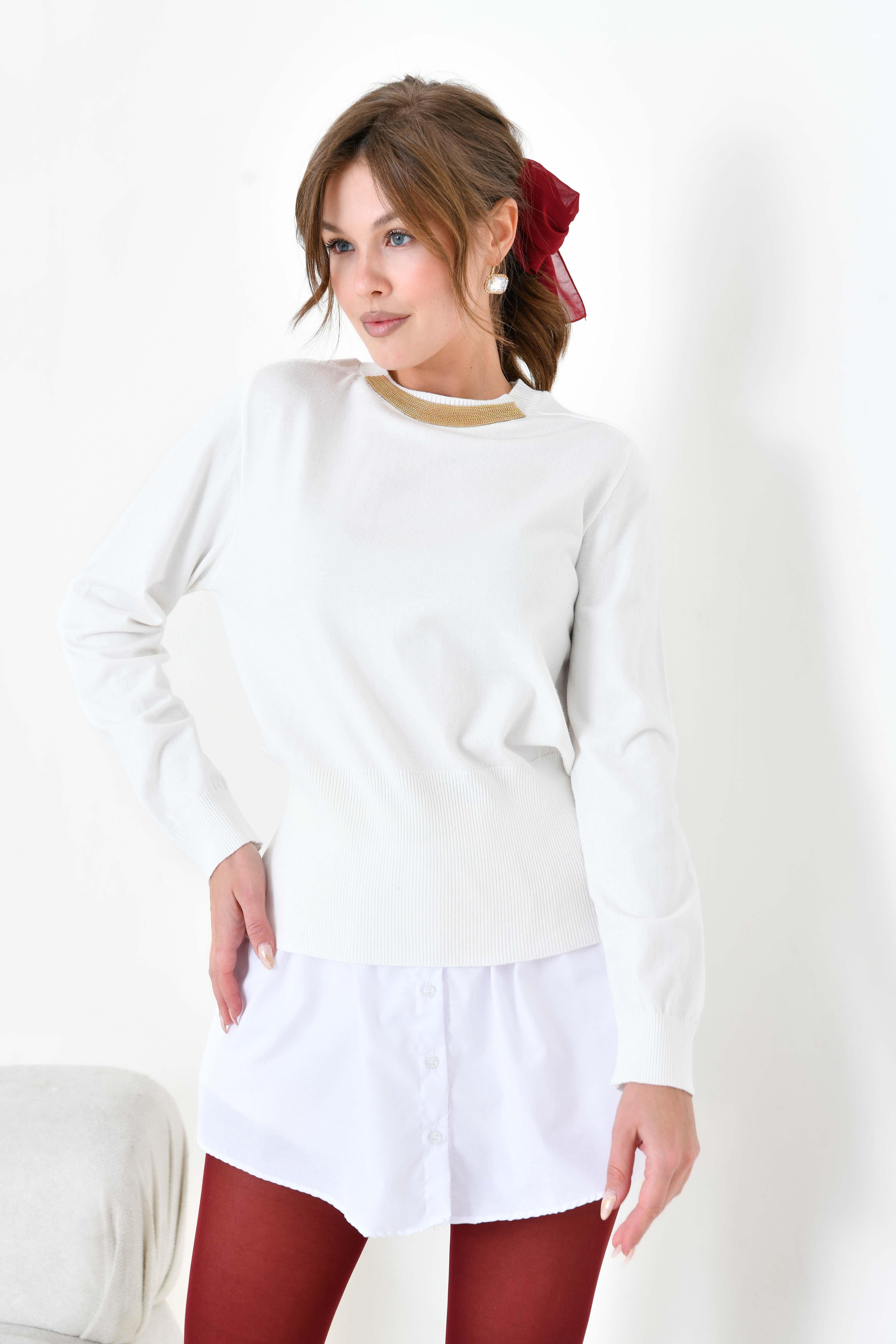 FTZ Women Kadın Zincir Detaylı Kazak  Kemik 20823