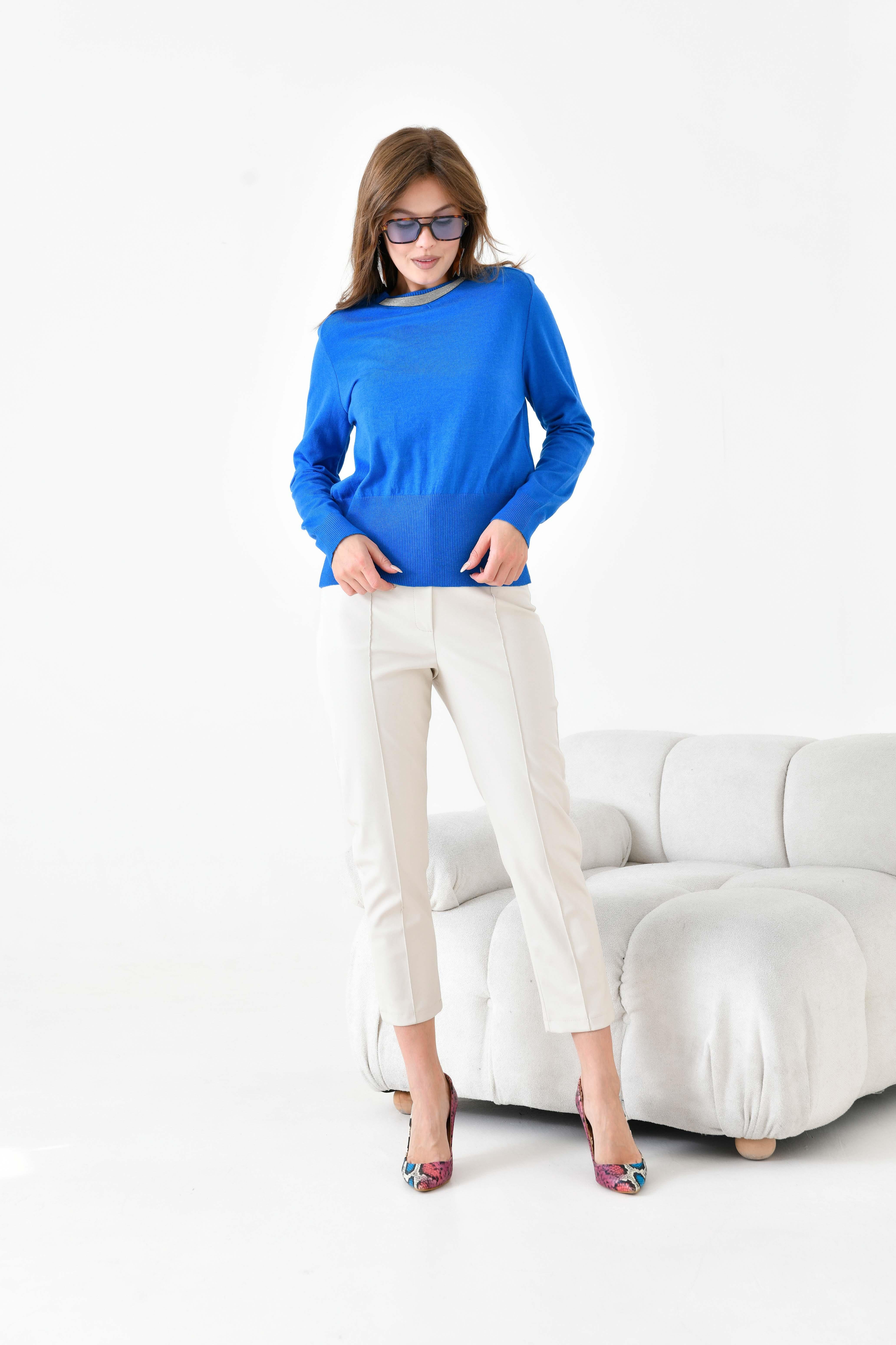 FTZ Women Kadın Zincir Detaylı Kazak  Mavi 20823