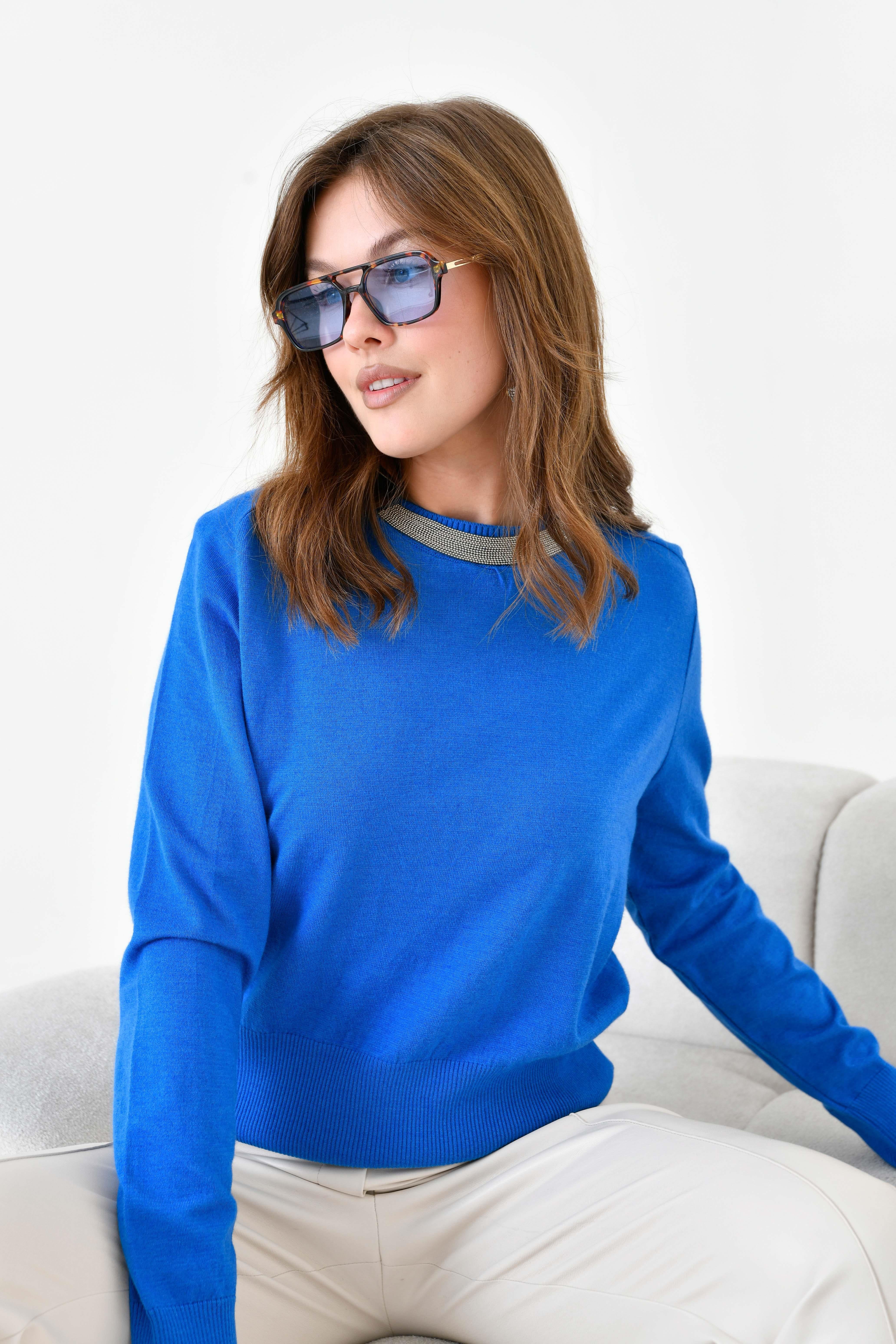 FTZ Women Kadın Zincir Detaylı Kazak  Mavi 20823