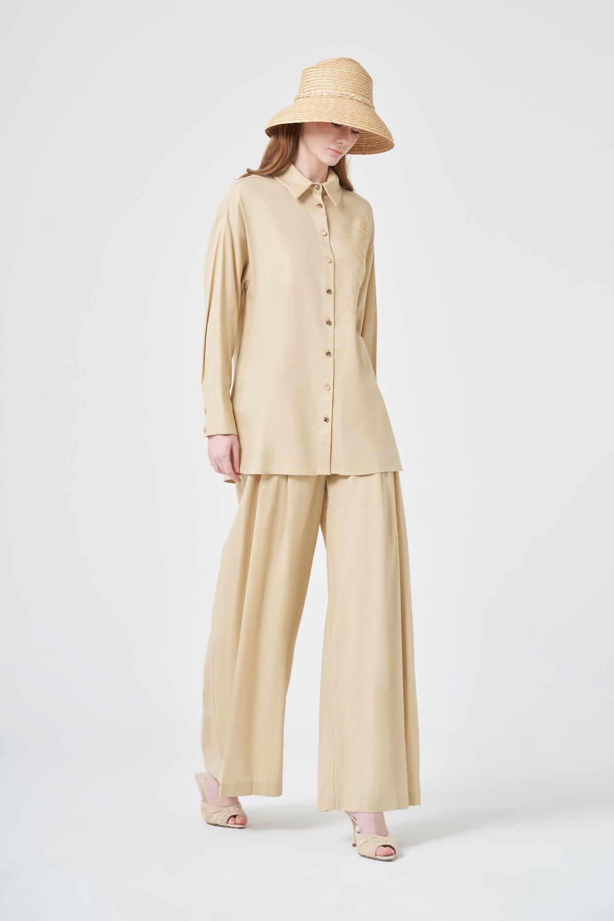 FTZ Women Kadın Zincir İşleme Tencel Keten Takım  Beige 31374