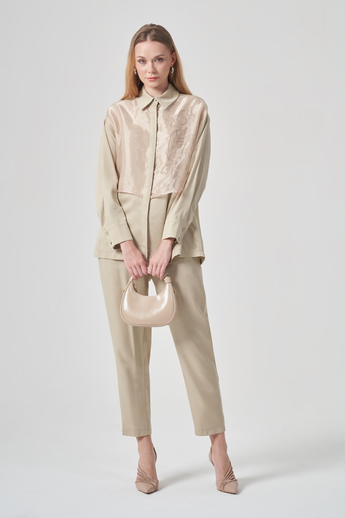 FTZ Women Kadın Zincir İşlemeli Organze Detay Takım  Beige 31397