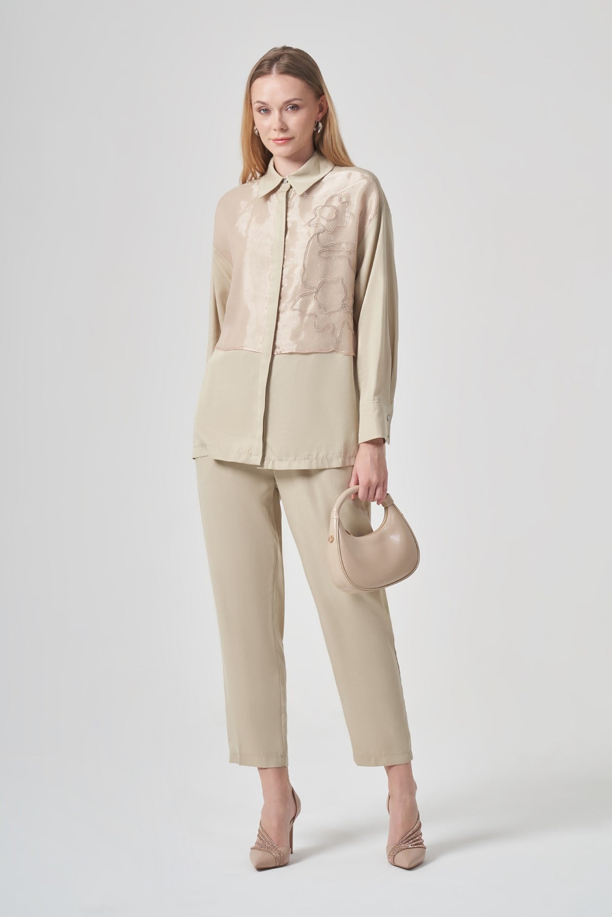 FTZ Women Kadın Zincir İşlemeli Organze Detay Takım  Beige 31397