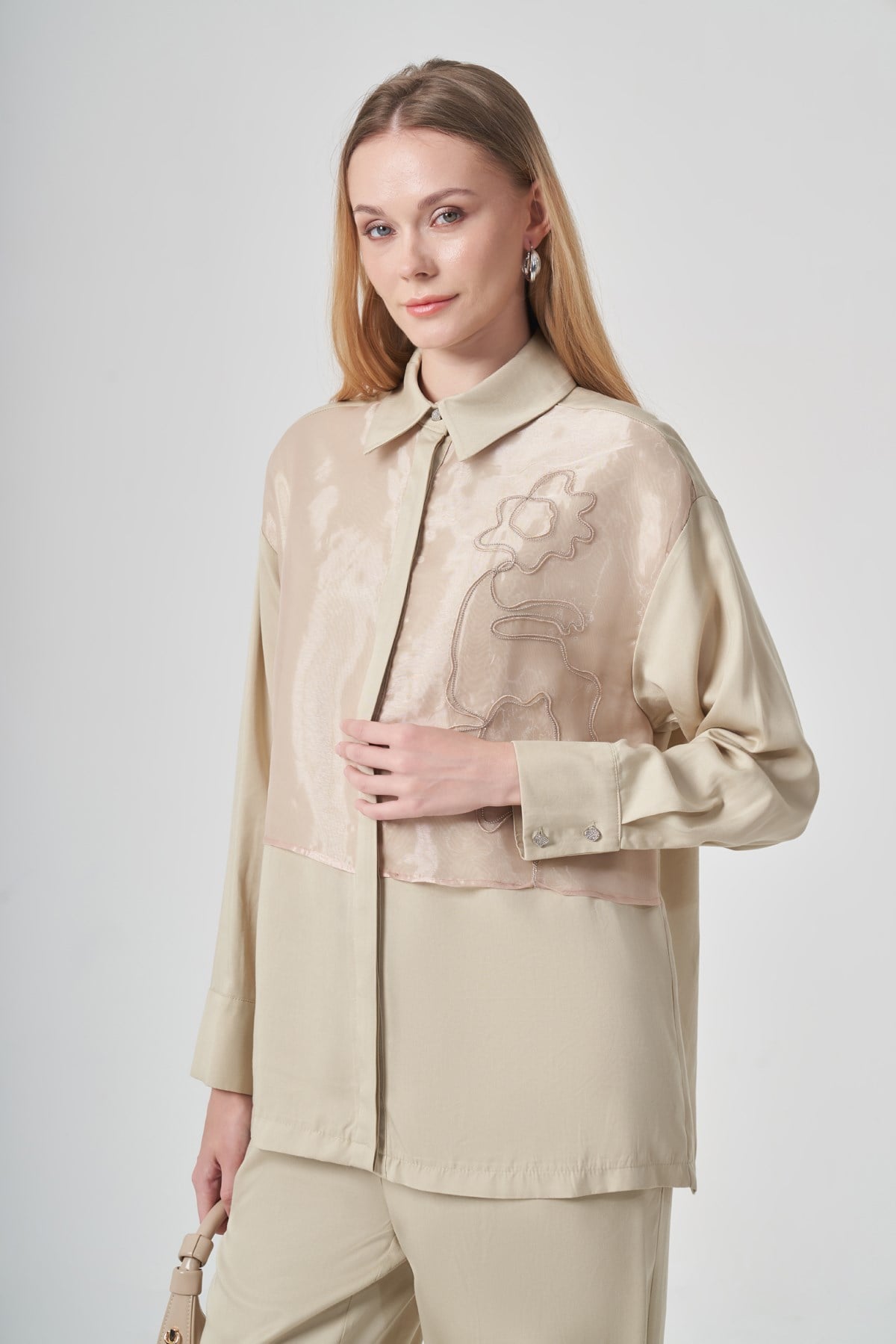 FTZ Women Kadın Zincir İşlemeli Organze Detay Takım  Beige 31397