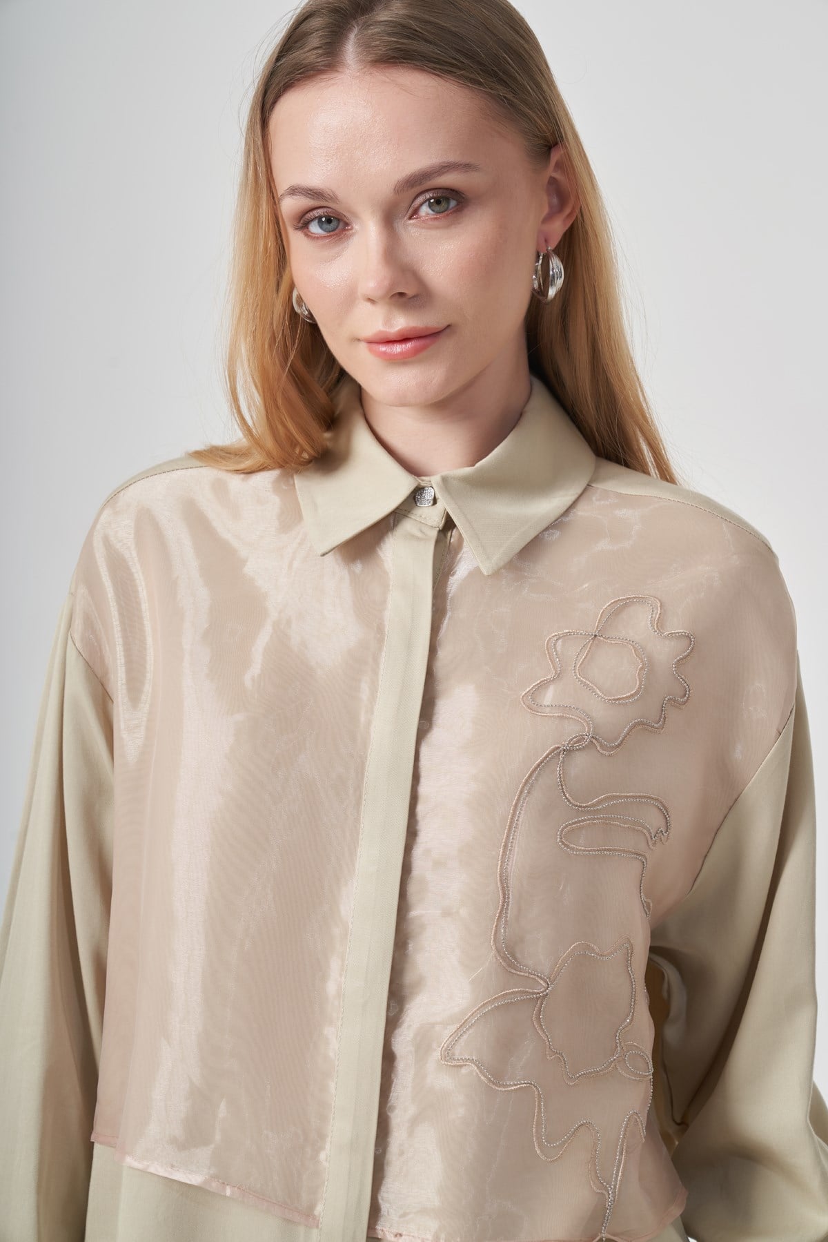 FTZ Women Kadın Zincir İşlemeli Organze Detay Takım  Beige 31397
