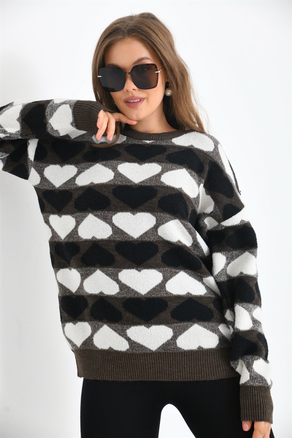 Kalp Desenli Bluz KAHVE