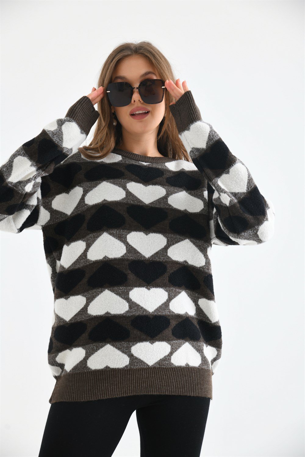 Kalp Desenli Bluz KAHVE