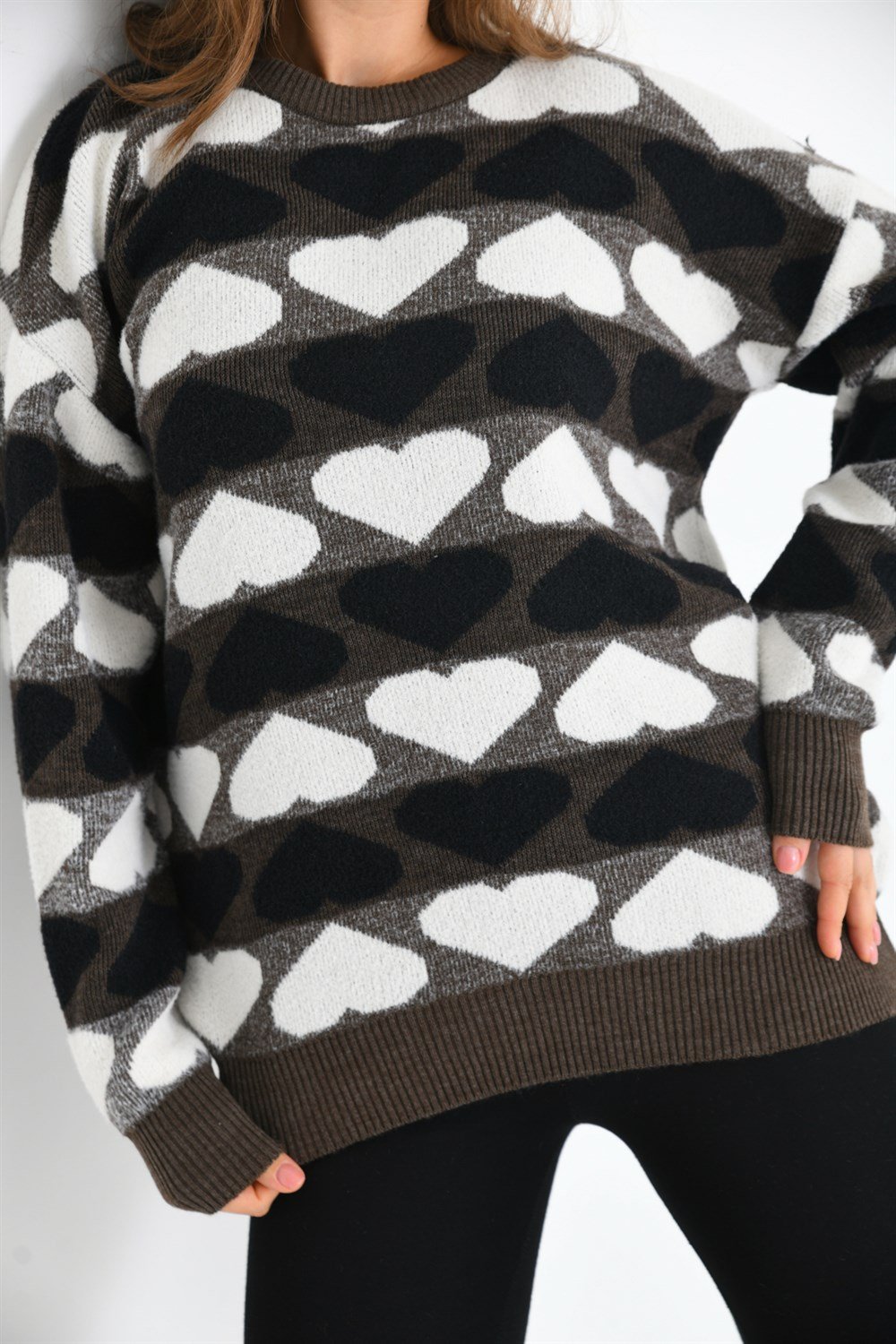 Kalp Desenli Bluz KAHVE