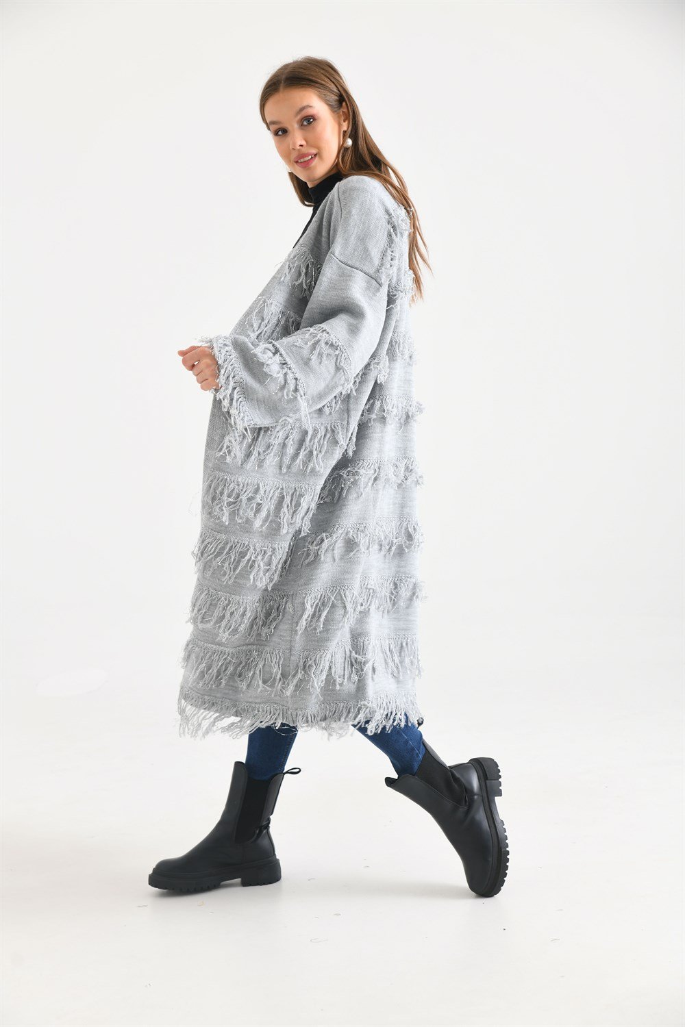 Püskül Detaylı Uzun Kap GRİ