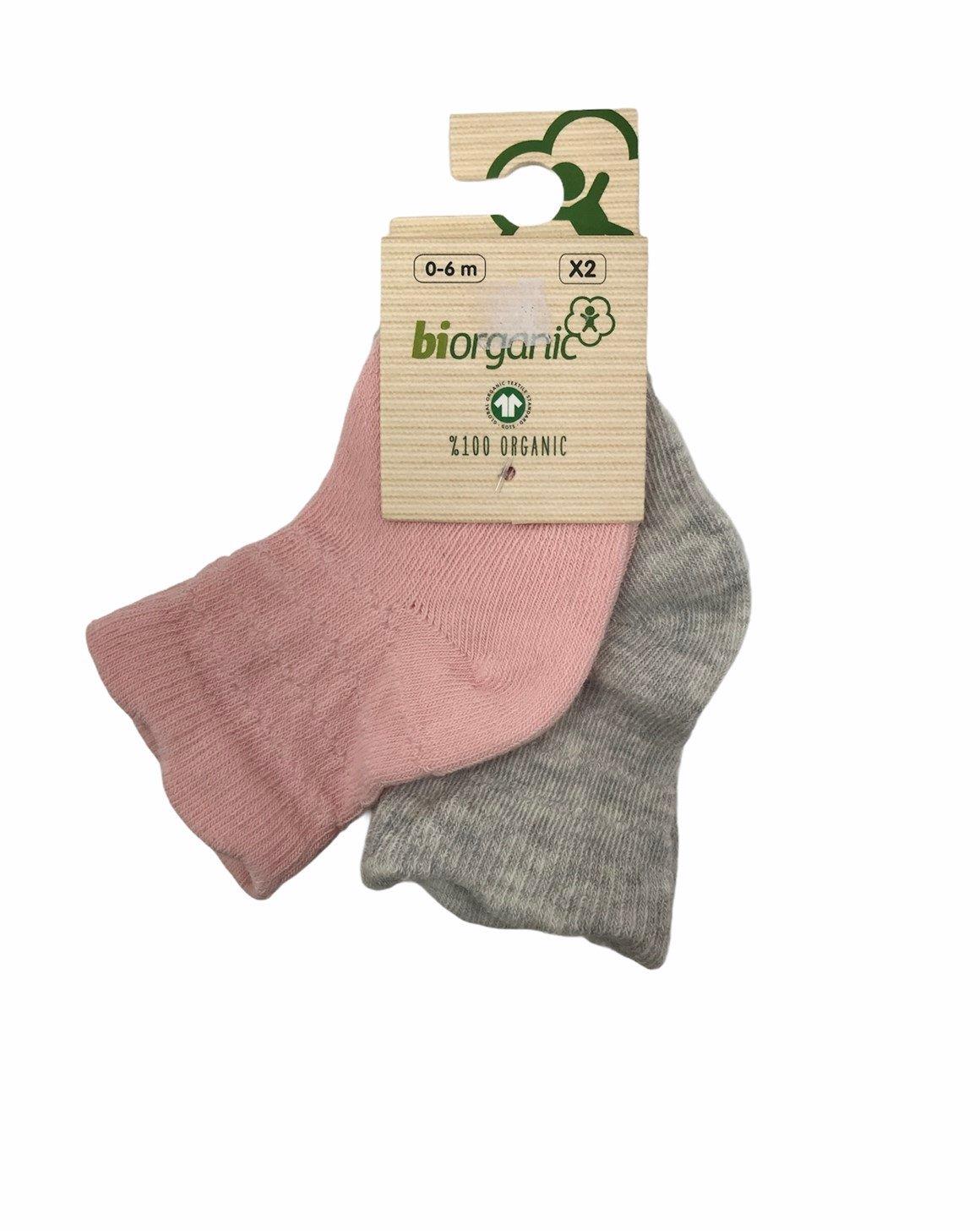 Bibaby Organik Çorap Soket 2li Basic Desenli Gri - Pembe