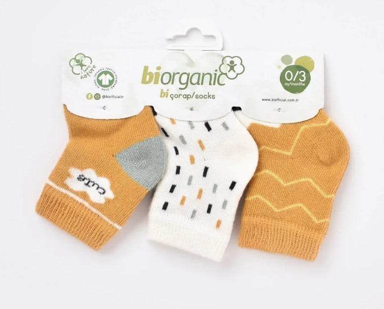 Bibaby Organik Çorap Soket 3lü Cute Hardal