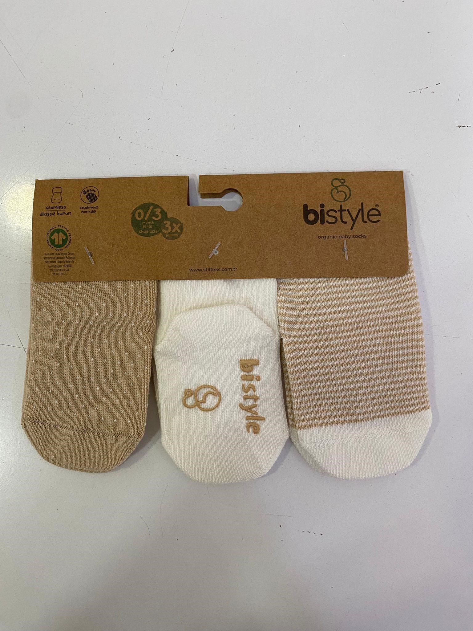 Bibaby Organik Çorap Soket 3lü Kaymaz Puanlı Bej