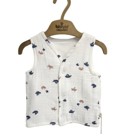 Bistyle Yelek Çift Taraflı Müslin Little Boats Ekru - Gri