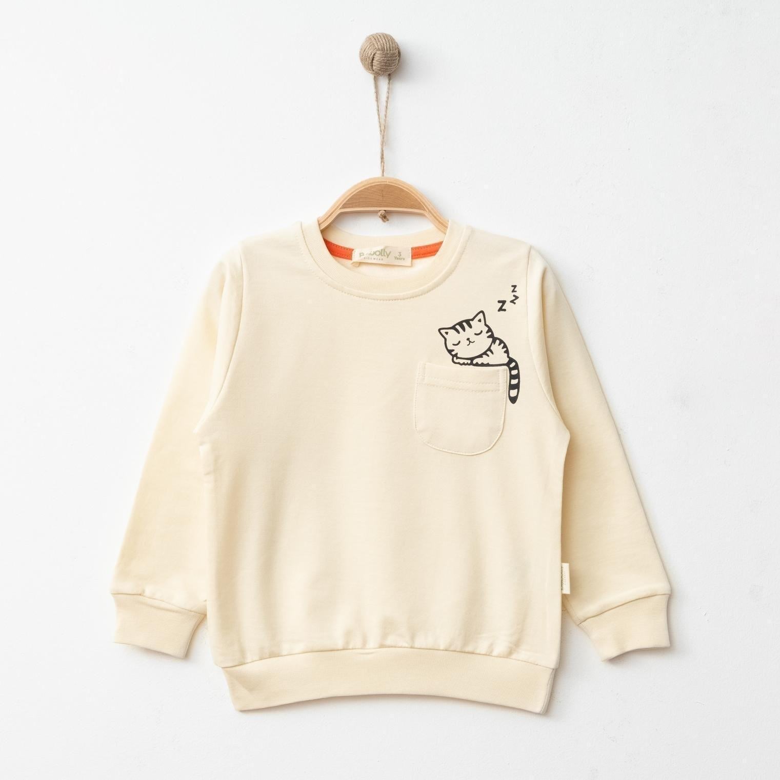 Hira Sweatshirt Uykucu Kedi Baskılı Bej