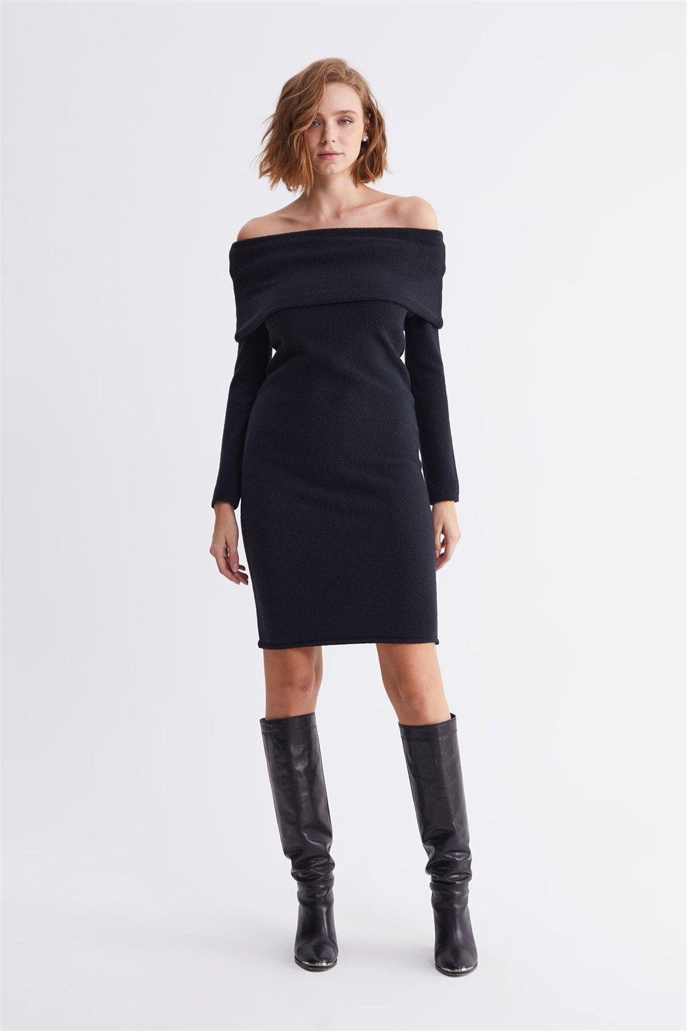 Bardot Yaka Bej Midi Triko Elbise