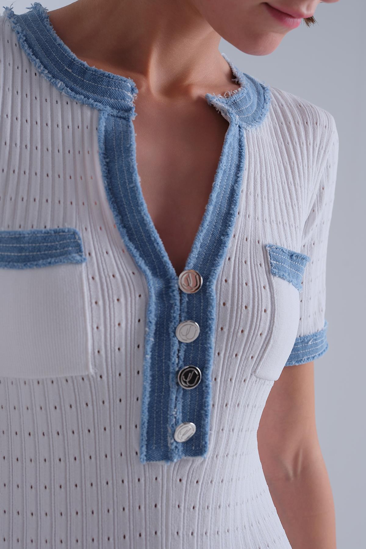 Denim Detaylı Kısa Kollu Ekru Midi Elbise