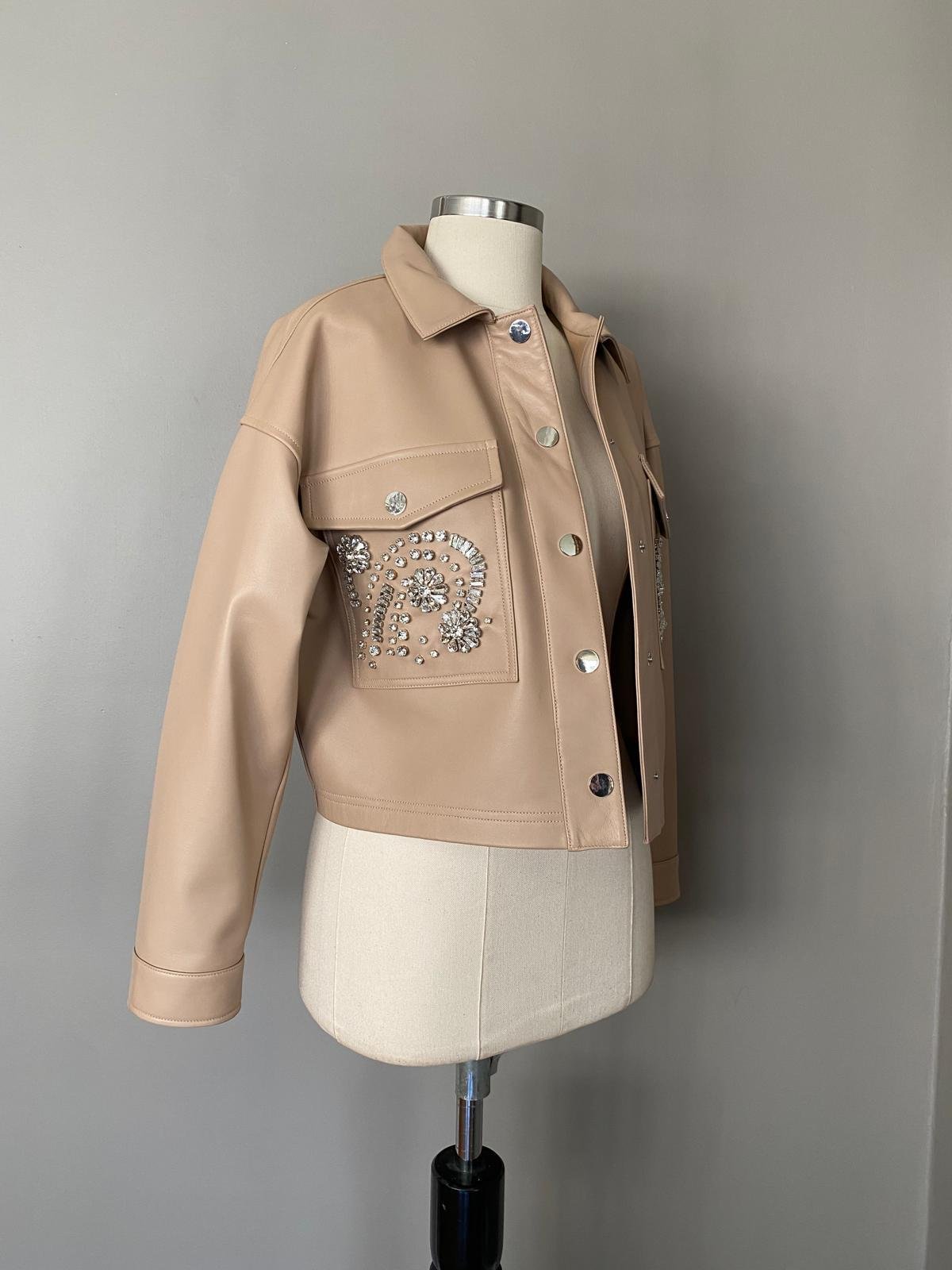 Deri Taş İşlemeli Crop Ceket