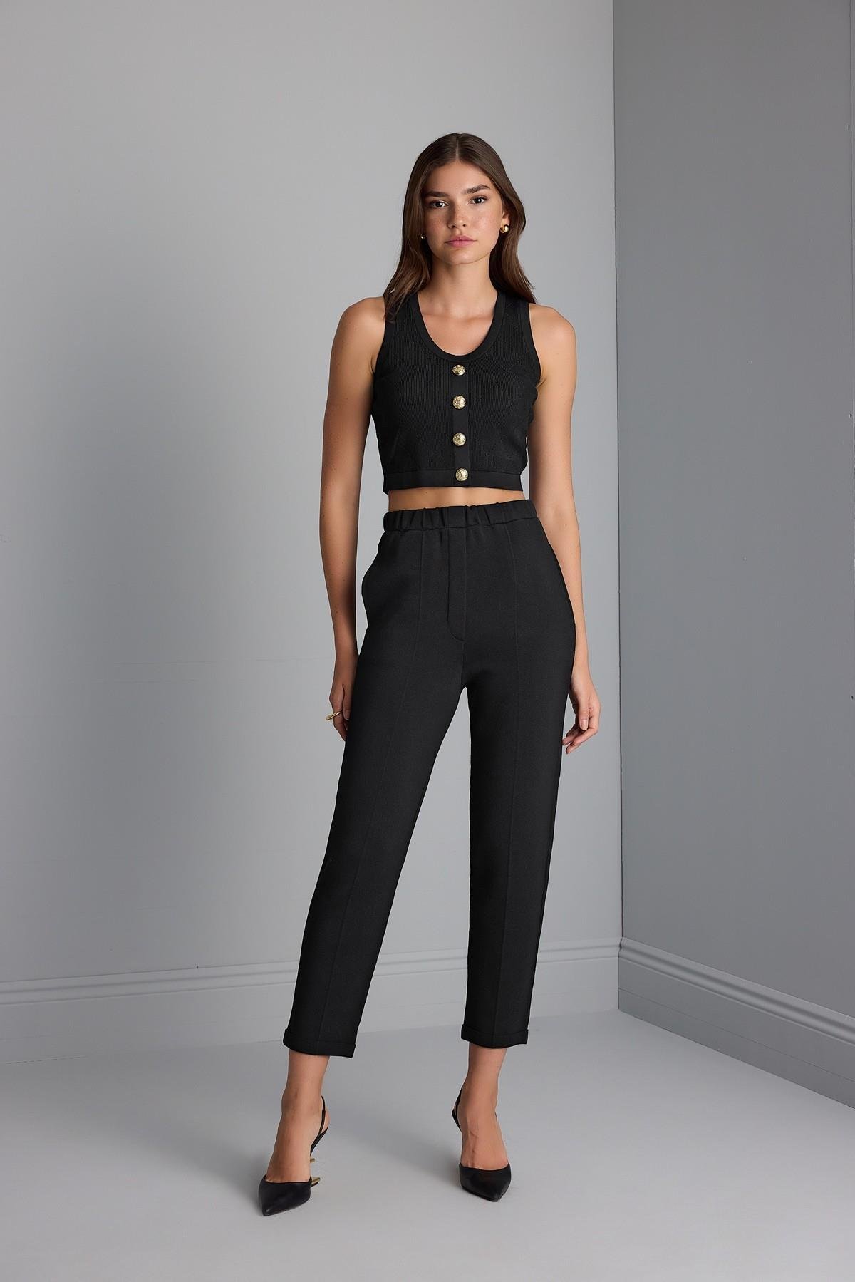 Dikiş Detaylı Duble Paça Siyah Triko Pantolon