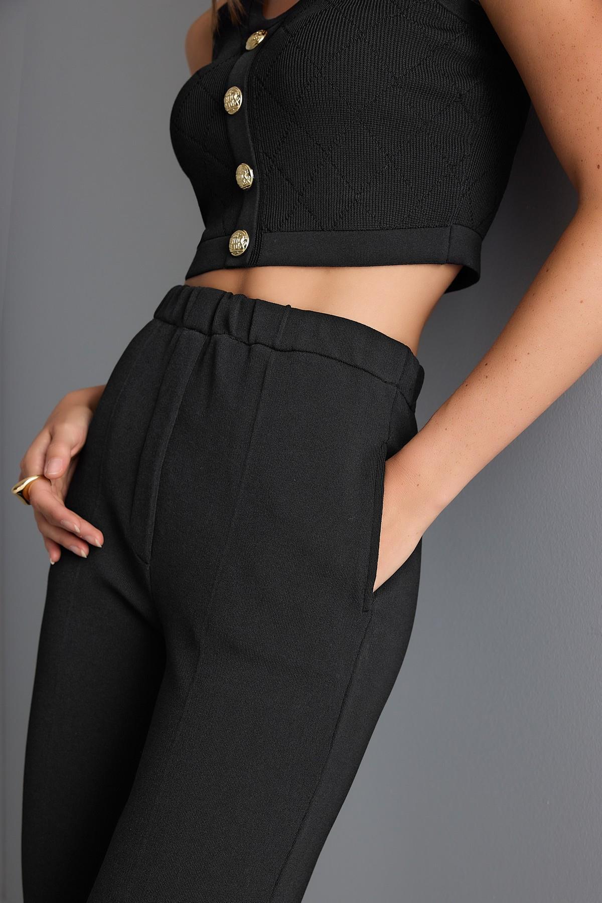 Dikiş Detaylı Duble Paça Siyah Triko Pantolon