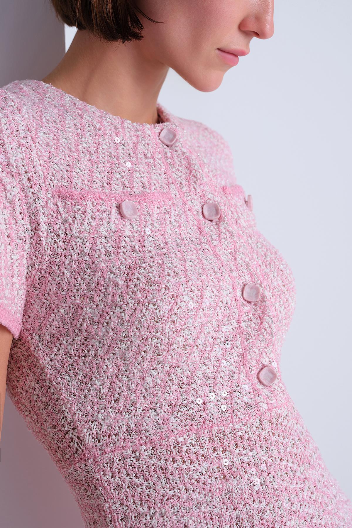 Düğme Detaylı Simli Pembe Mini Elbise