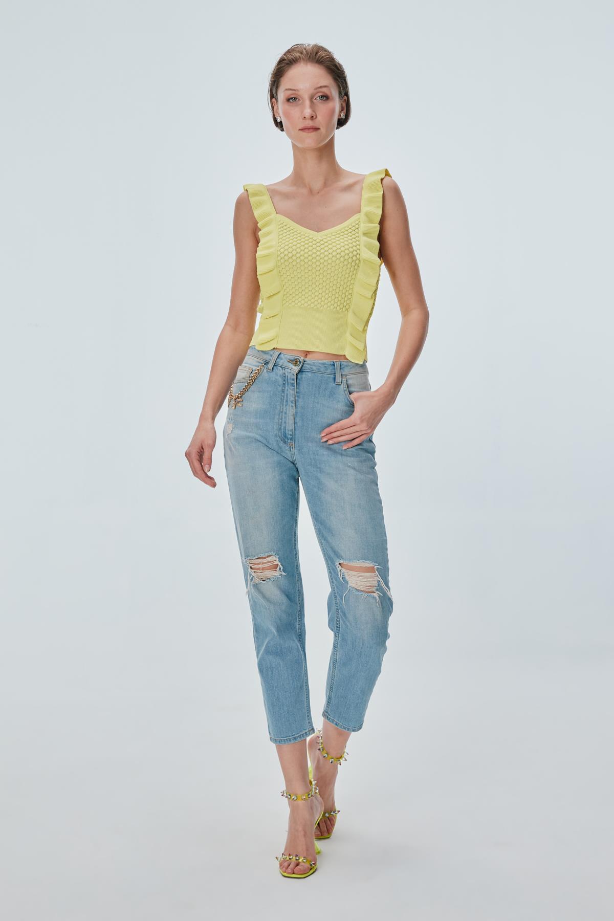 Fırfır Detaylı Sarı Crop Top