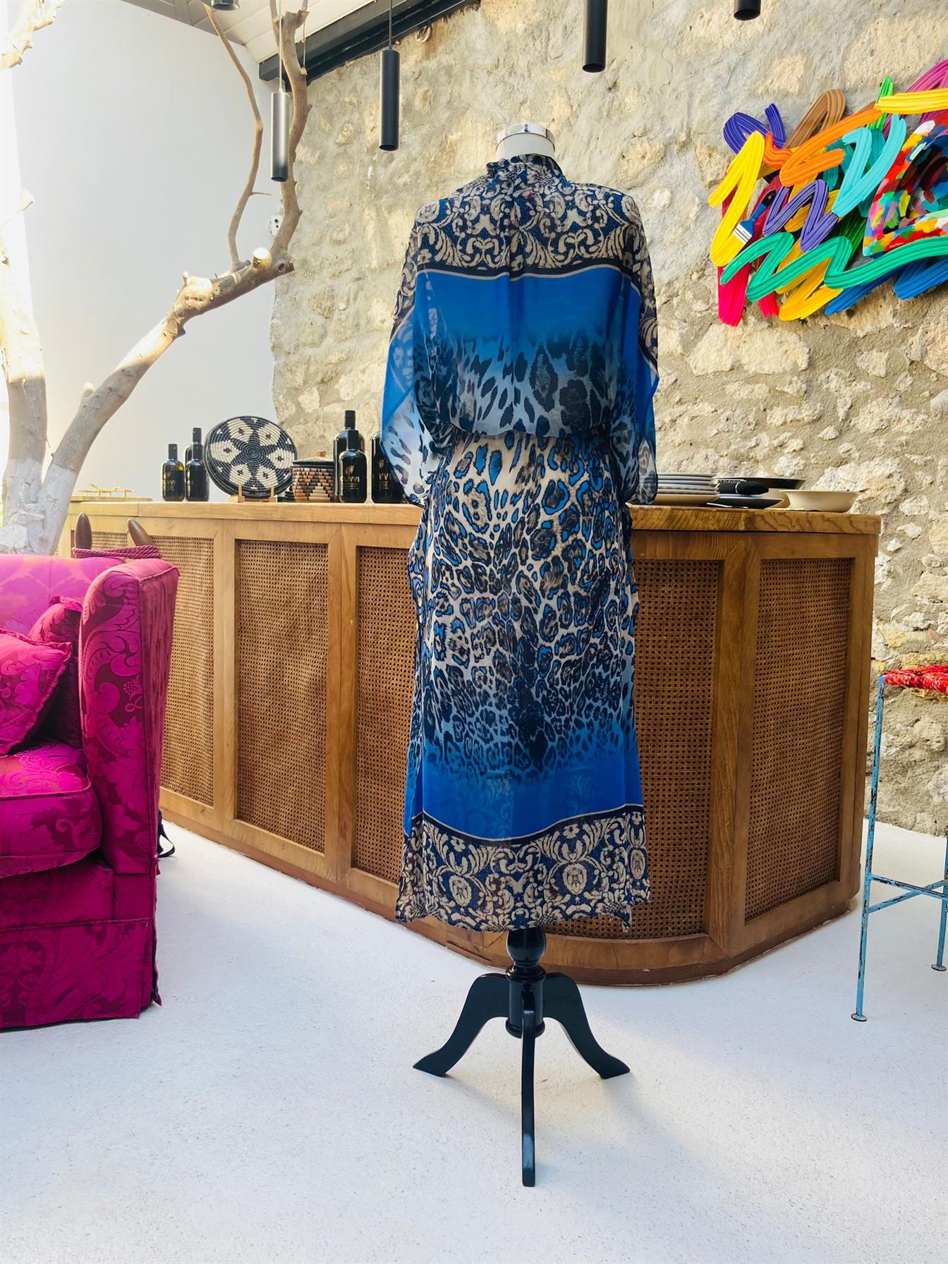 Lacivert Leopar  Yuvarlak Yaka  Şifon Elbise