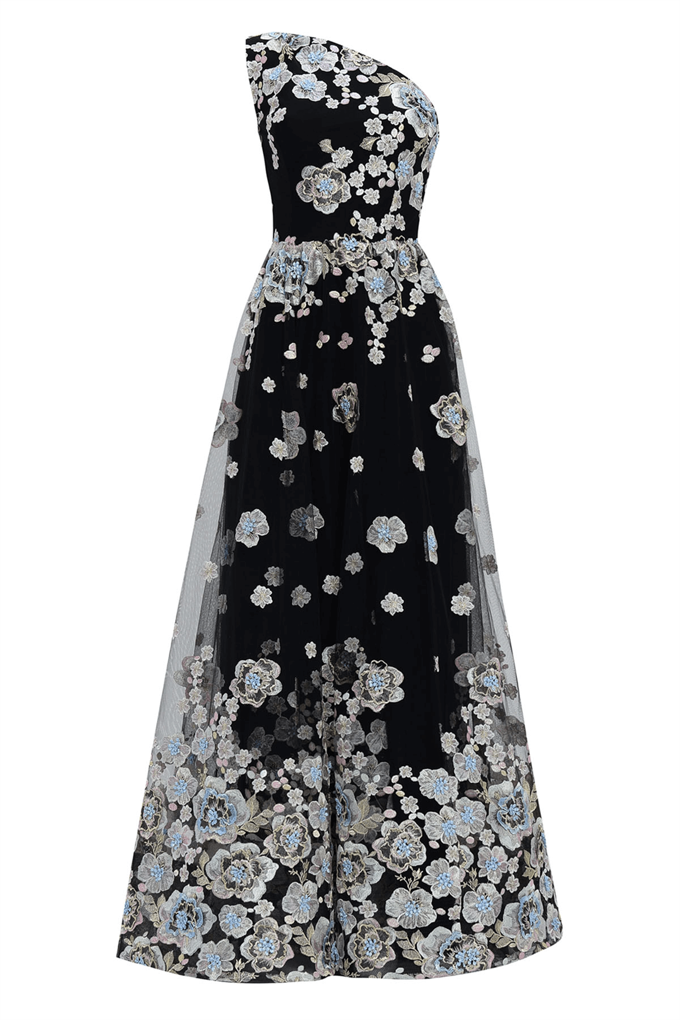 SİREN ERTAN COUTURE ÇİÇEK DETAYLI ŞİFON ELBİSE GÜMÜŞ ABİYE