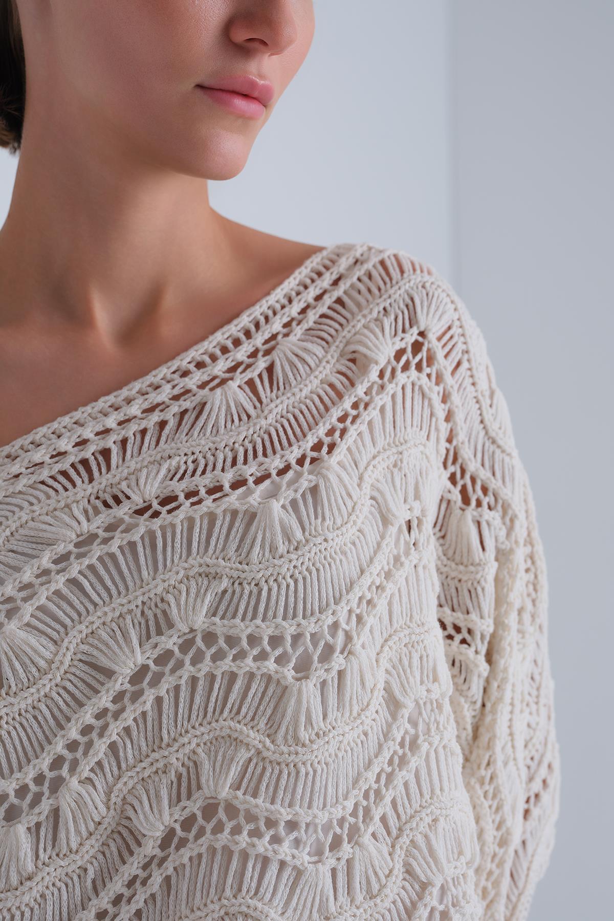 Triko Bluz Parçalı Ekru Elbise