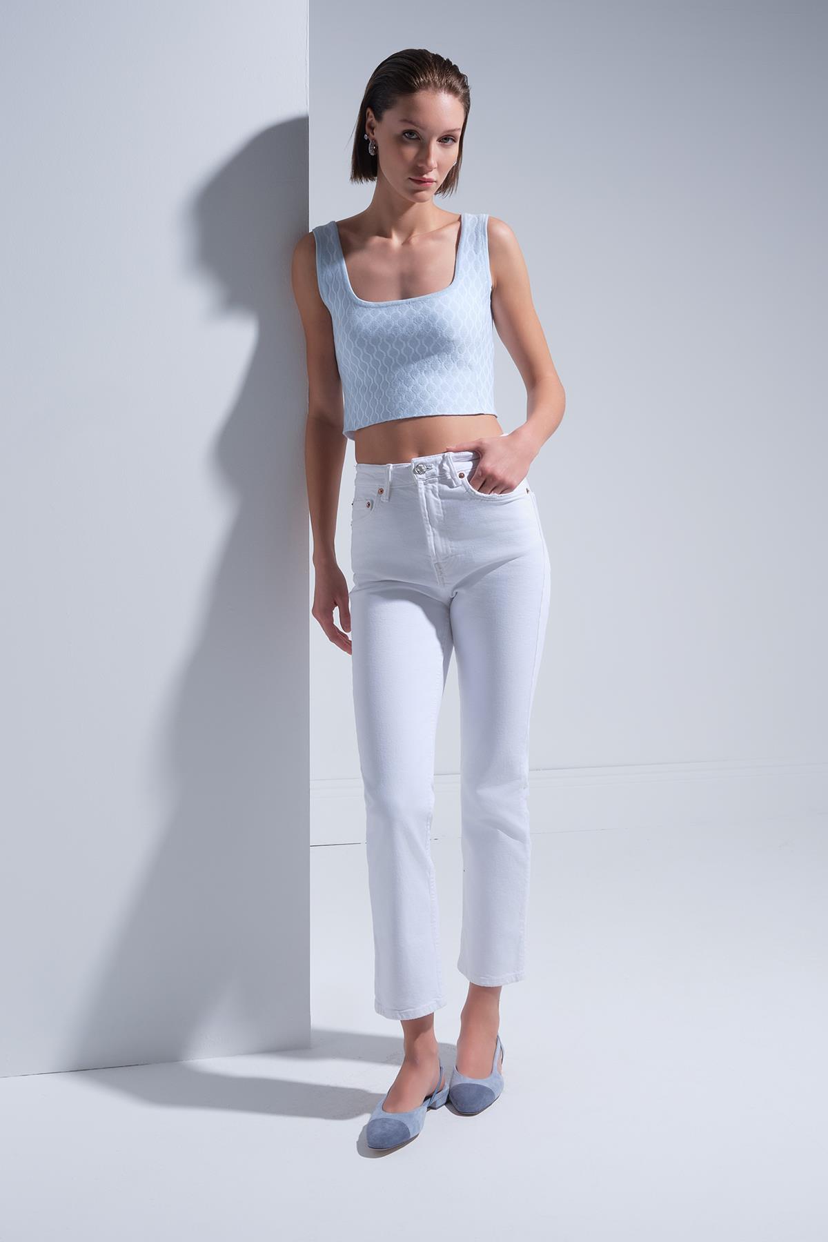 U Yaka Desenli Mavi Crop Top