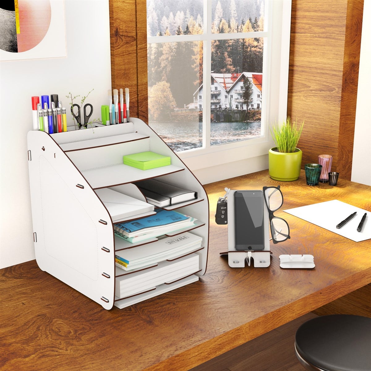 Design OTTO Large Modest - 6 Renk A4 Evrak Rafı Masaüstü Organizer Düzenleyici Beyaz MC210103