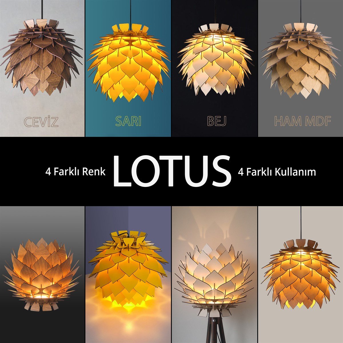 Design OTTO LOTUS Boyanabilir Dekoratif Abajur Avize Sarkıt Lambader Şapkası Hobi Ürünü Ham MDF MC201001