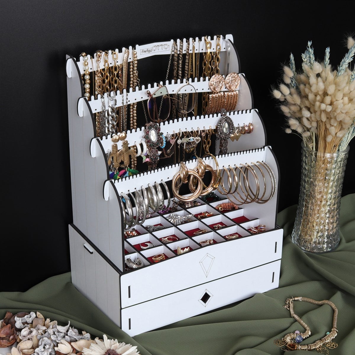 Diamond Large Organizer Kozmetik Makyaj Kolye Küpe Yüzük Takı Kutusu Düzenleyici (Beyaz)