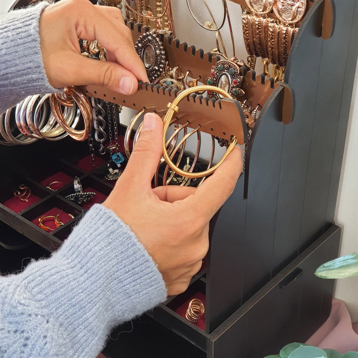 Diamond Large Organizer Kozmetik Makyaj Kolye Küpe Yüzük Takı Kutusu Düzenleyici (Siyah)