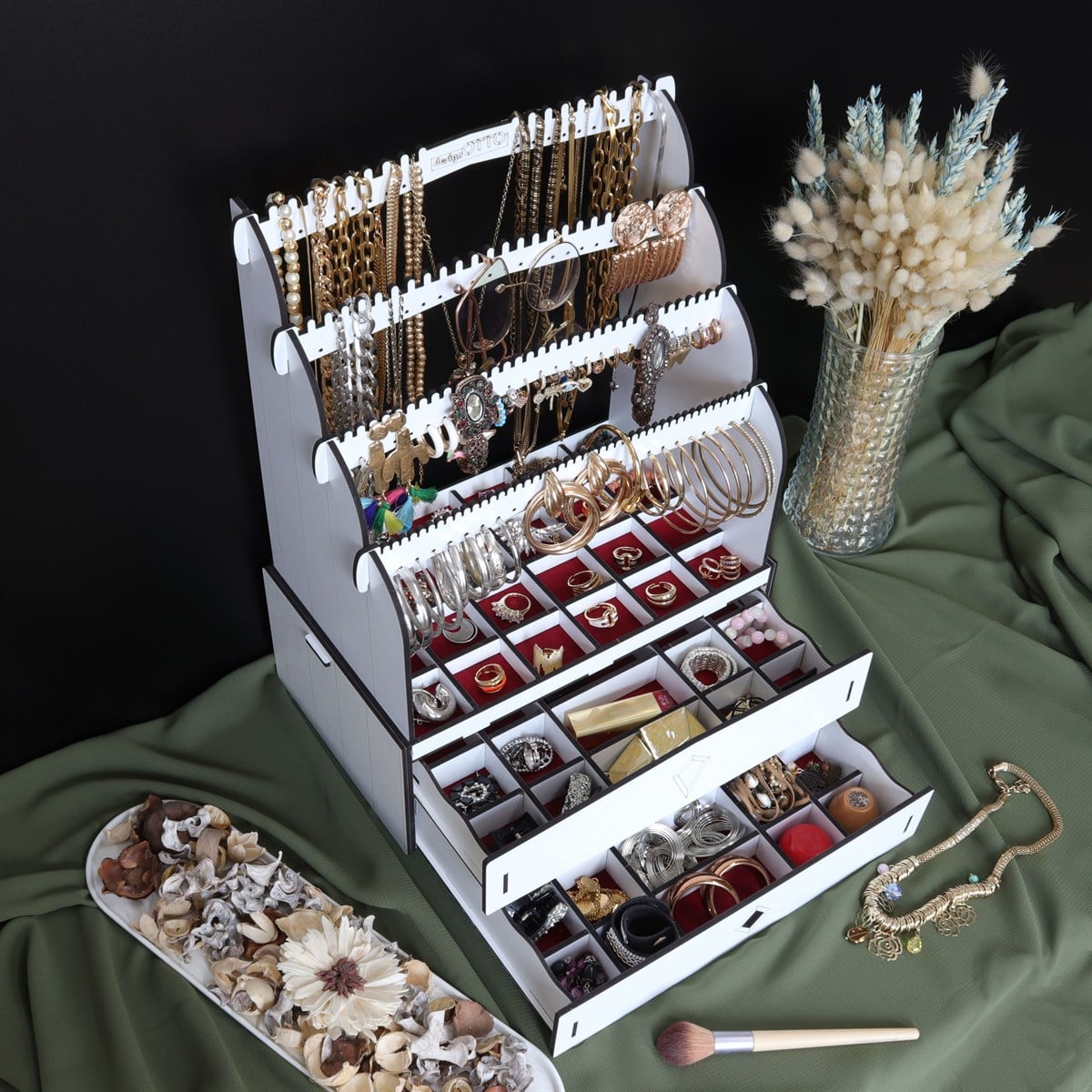 Diamond Large Organizer Kozmetik Makyaj Kolye Küpe Yüzük Takı Kutusu Düzenleyici (Beyaz)