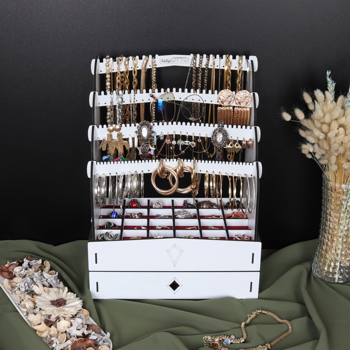 Diamond Large Organizer Kozmetik Makyaj Kolye Küpe Yüzük Takı Kutusu Düzenleyici (Beyaz)