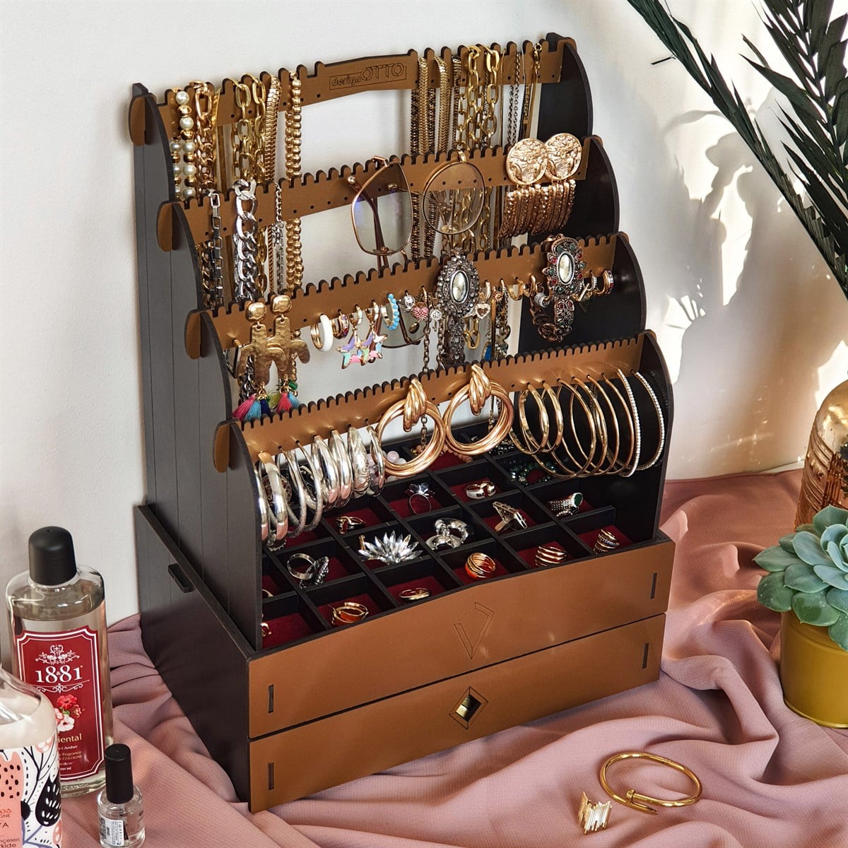 Diamond Large Organizer Kozmetik Makyaj Kolye Küpe Yüzük Takı Kutusu Düzenleyici (Siyah)