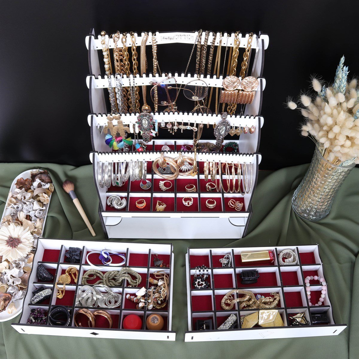 Diamond Large Organizer Kozmetik Makyaj Kolye Küpe Yüzük Takı Kutusu Düzenleyici (Beyaz)