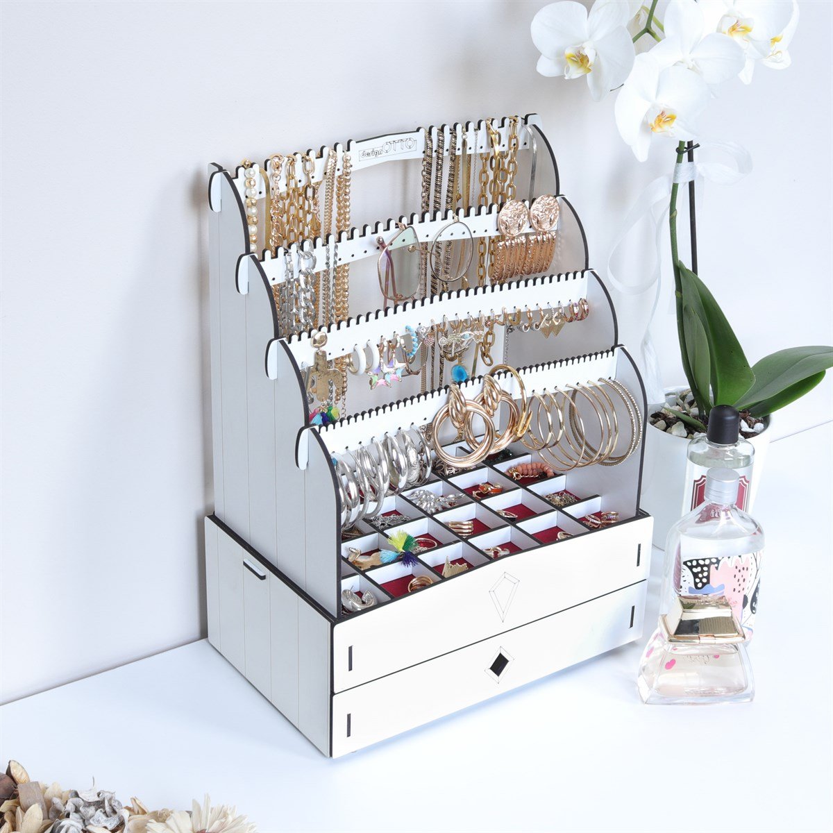 Diamond Large Organizer Kozmetik Makyaj Kolye Küpe Yüzük Takı Kutusu Düzenleyici (Beyaz)