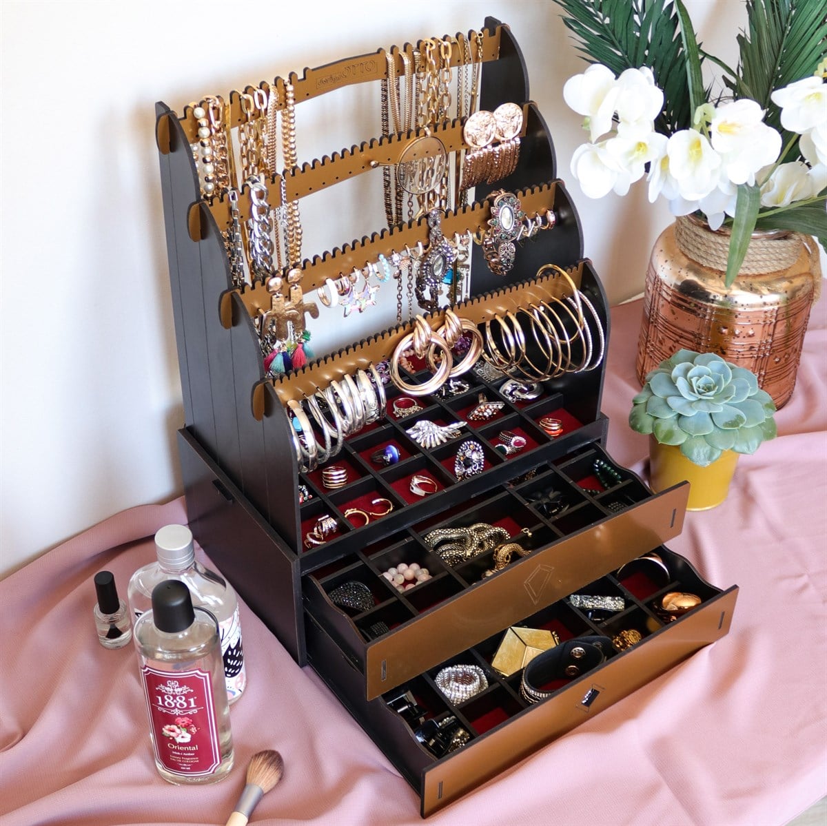 Diamond Large Organizer Kozmetik Makyaj Kolye Küpe Yüzük Takı Kutusu Düzenleyici (Siyah)
