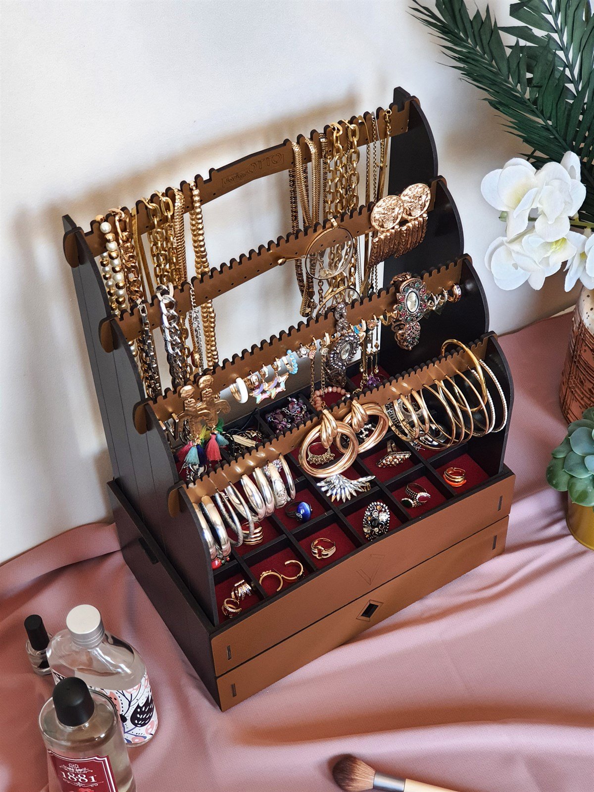 Diamond Large Organizer Kozmetik Makyaj Kolye Küpe Yüzük Takı Kutusu Düzenleyici (Siyah)