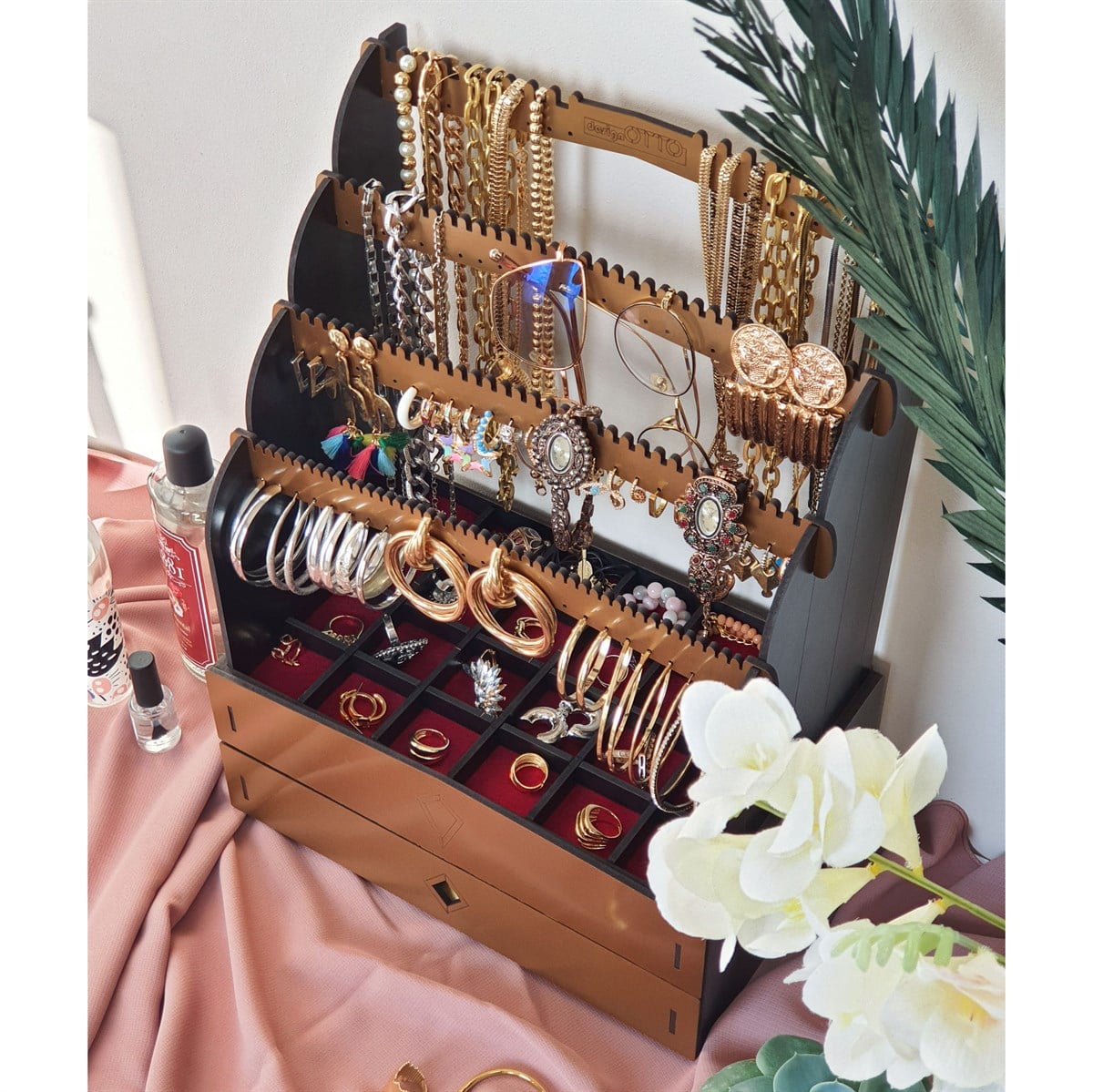 Diamond Large Organizer Kozmetik Makyaj Kolye Küpe Yüzük Takı Kutusu Düzenleyici (Siyah)