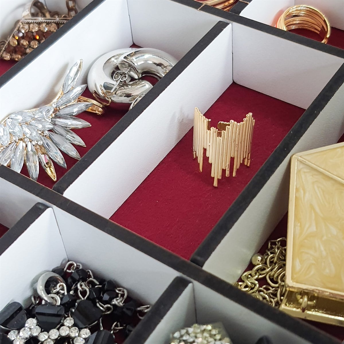 Diamond Large Organizer Kozmetik Makyaj Kolye Küpe Yüzük Takı Kutusu Düzenleyici (Beyaz)