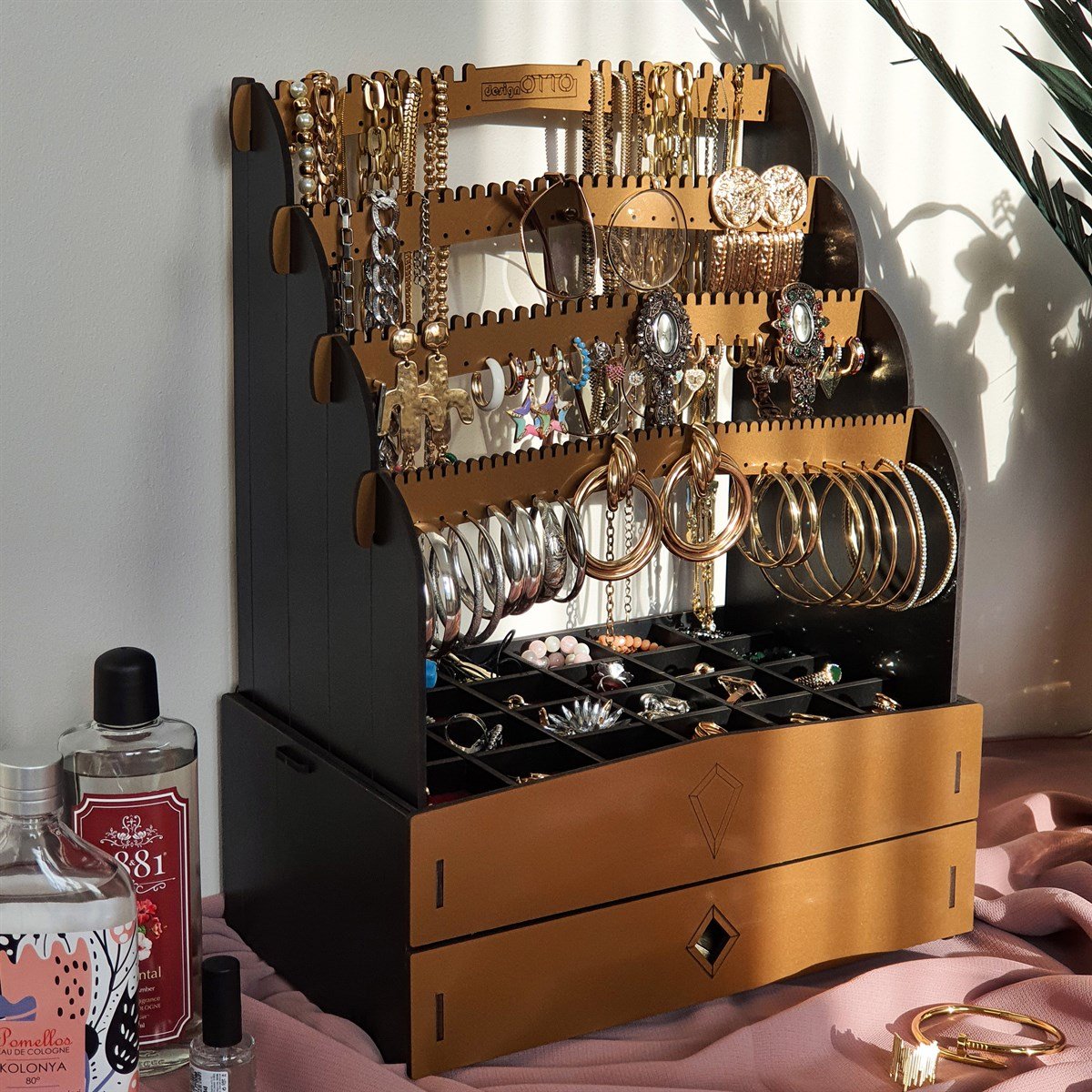 Diamond Large Organizer Kozmetik Makyaj Kolye Küpe Yüzük Takı Kutusu Düzenleyici (Siyah)