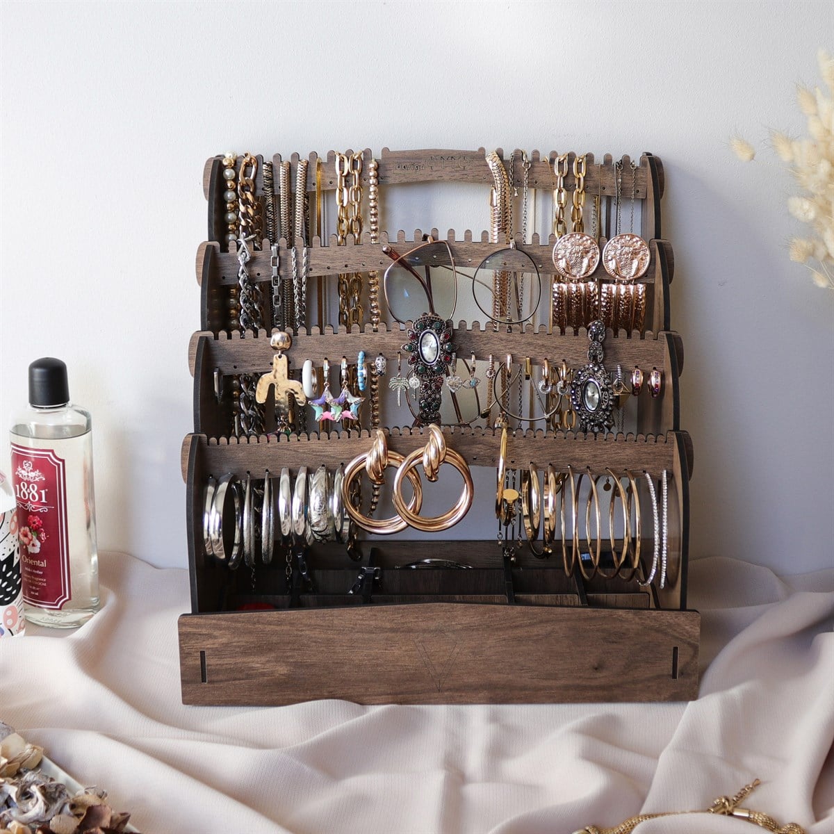 Diamond Small Organizer Kozmetik Makyaj Kolye Küpe Yüzük Takı Kutusu Düzenleyici (Ceviz)