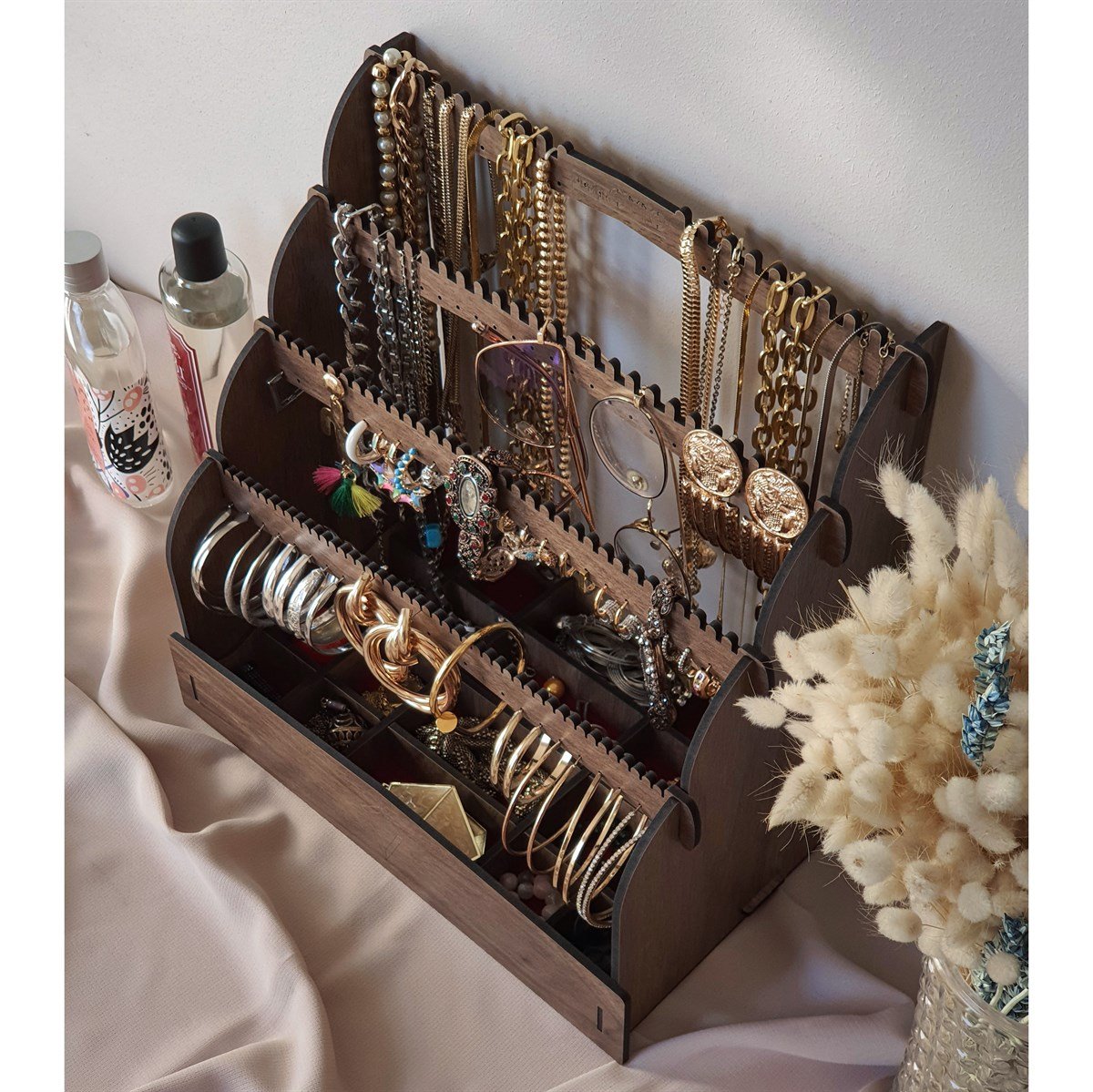 Diamond Small Organizer Kozmetik Makyaj Kolye Küpe Yüzük Takı Kutusu Düzenleyici (Ceviz)