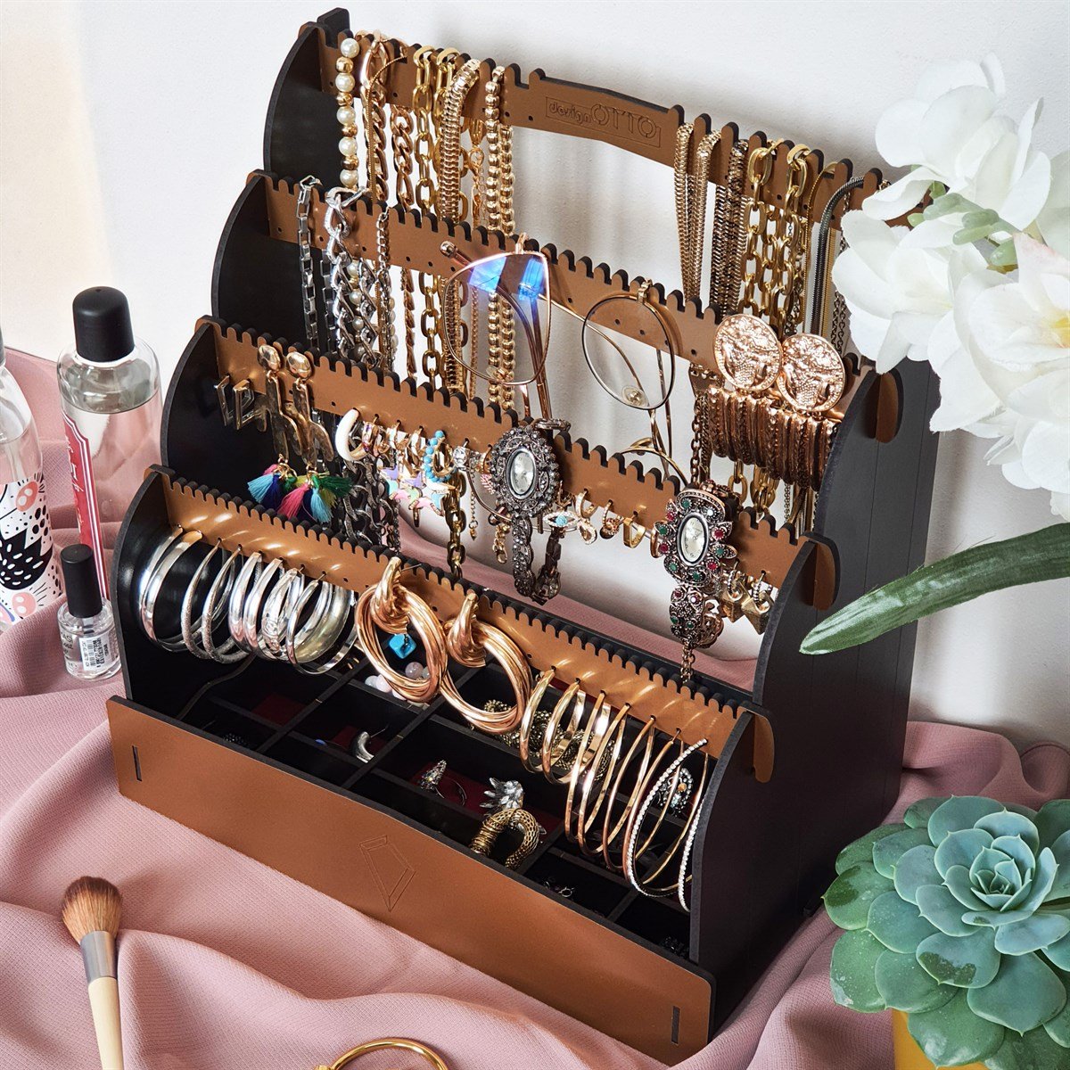 Diamond Small Organizer Kozmetik Makyaj Kolye Küpe Yüzük Takı Kutusu Düzenleyici (Siyah)