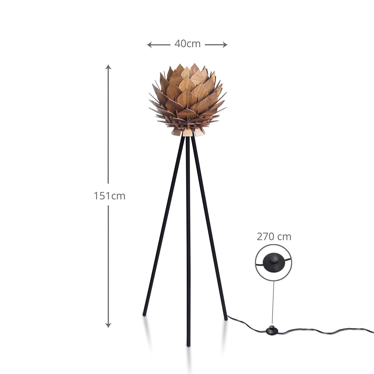 Lotus Metal Ayaklı Yerpuar Anahtarlı Ahşap Modern Tripod Üç Ayaklı Lambader Aydınlatma (Ceviz)